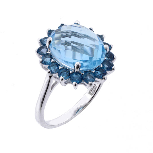 Belle Artique Sterling Silver Blue Topaz & London Blue Topaz Halo Cocktail Ring