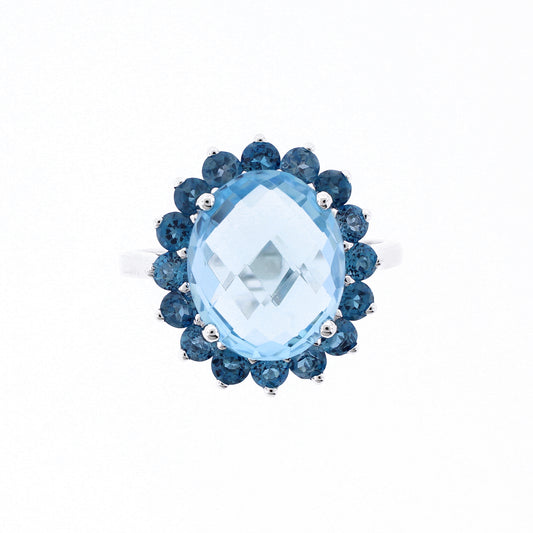 Belle Artique Sterling Silver Blue Topaz & London Blue Topaz Halo Cocktail Ring