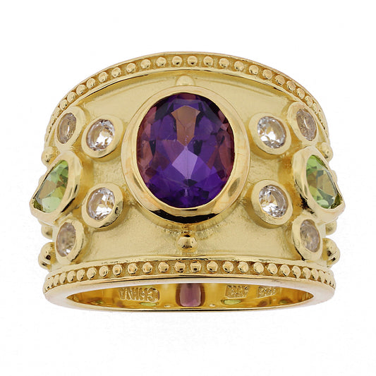 Belle Artique Gold Plated Amethyst & Gem Sandblasted Etruscan Wide Band Ring