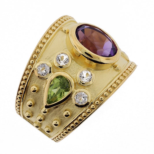 Belle Artique Gold Plated Amethyst & Gem Sandblasted Etruscan Wide Band Ring