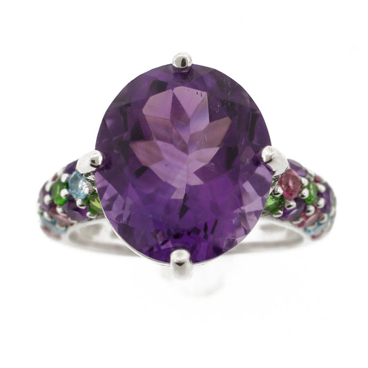 Belle Artique Sterling Silver Amethyst Oval & Multi-Gem Cocktail Ring