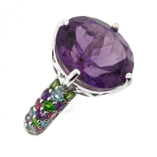 Belle Artique Sterling Silver Amethyst Oval & Multi-Gem Cocktail Ring