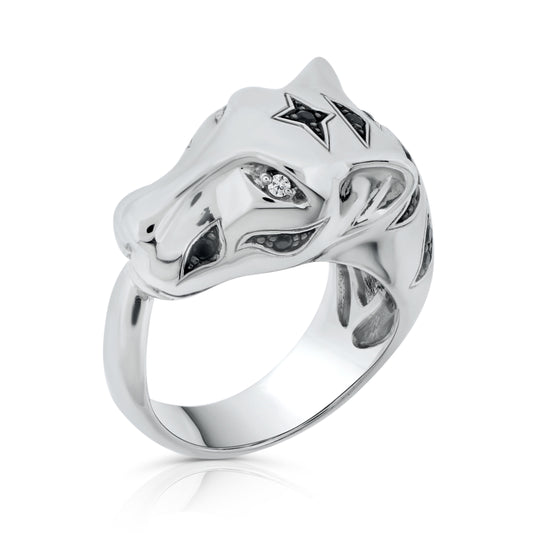 Brilliante Sterling Silver Simulated White & Black Diamond Panther Ring