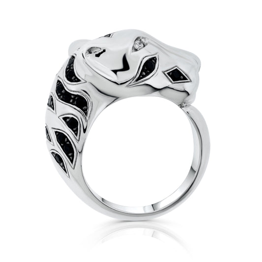 Brilliante Sterling Silver Simulated White & Black Diamond Panther Ring