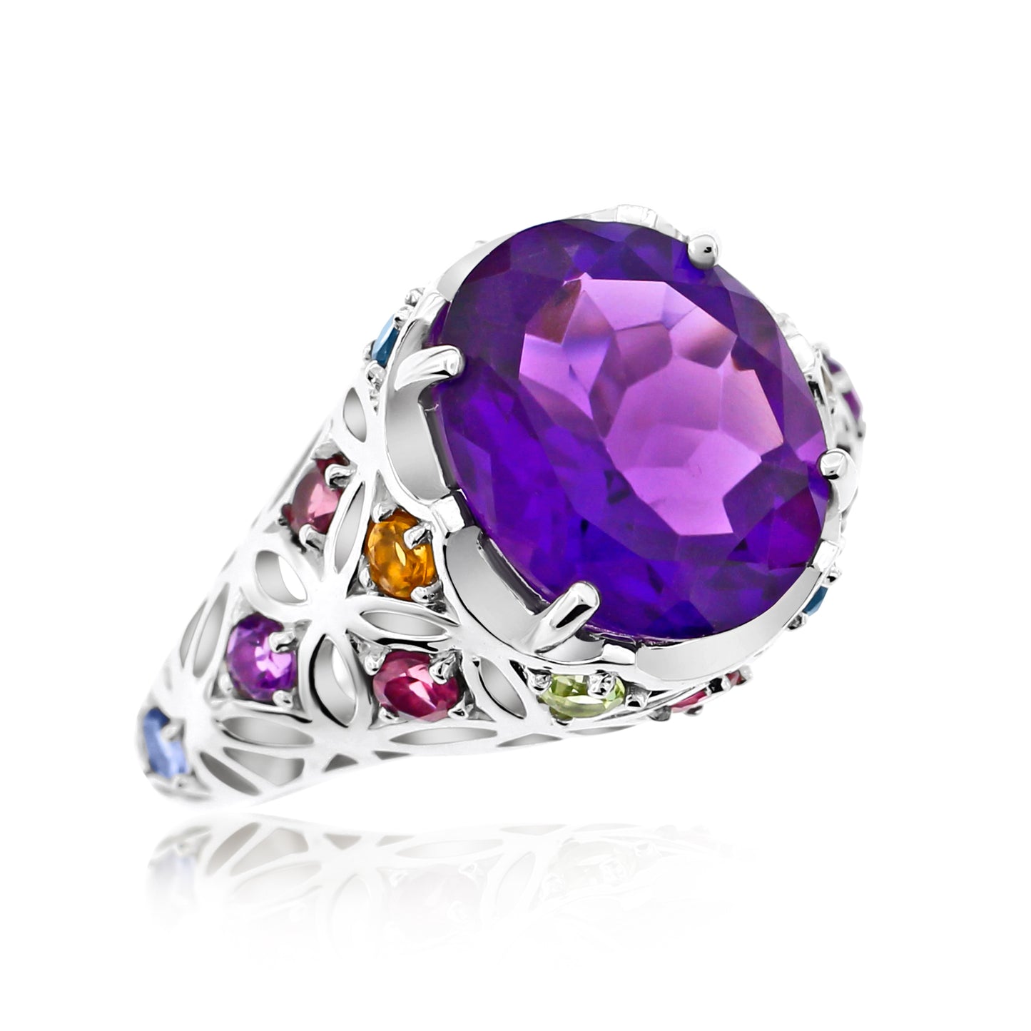 Belle Artique Sterling Silver 12x10mm Amethyst & Multi Gem Woven Ring