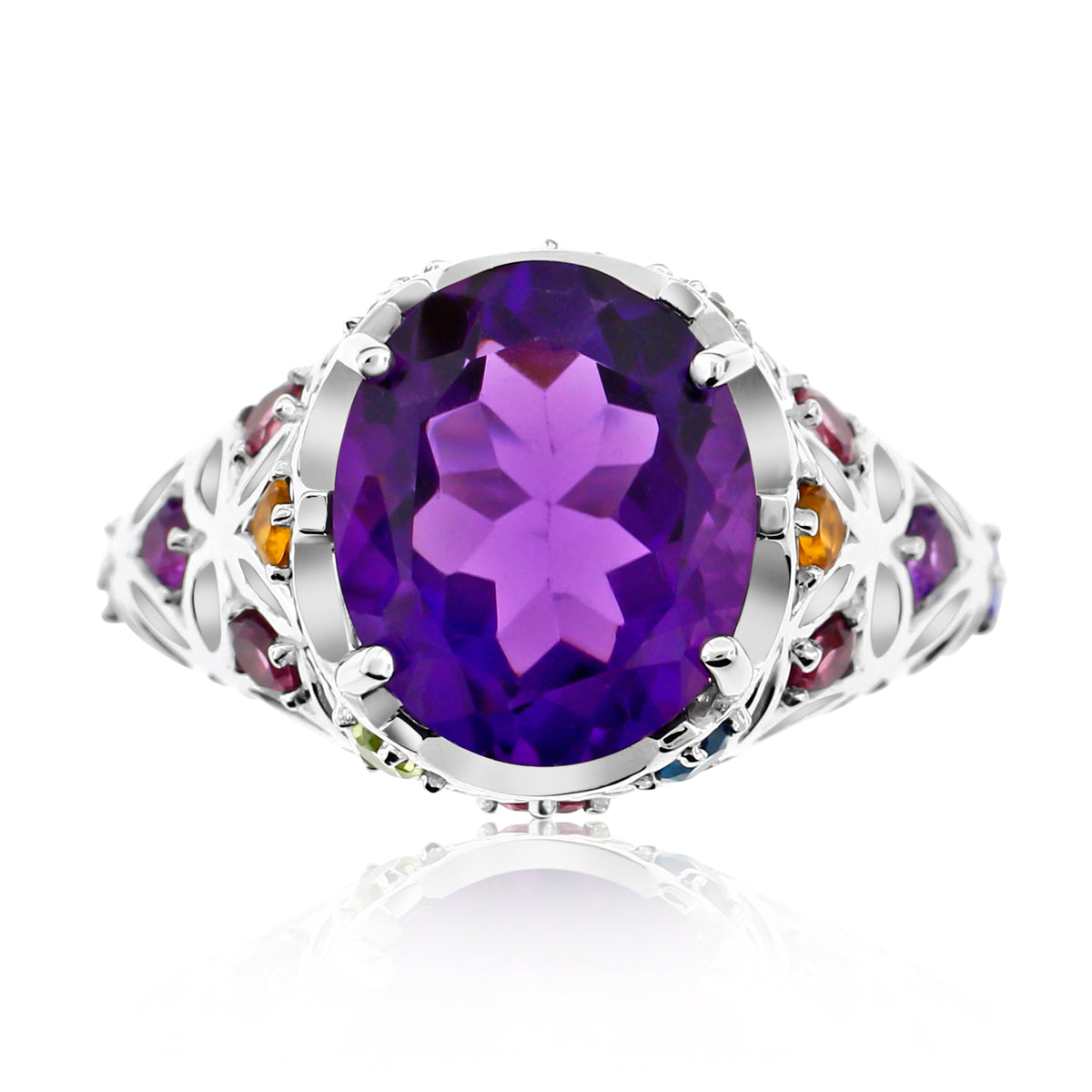 Belle Artique Sterling Silver 12x10mm Amethyst & Multi Gem Woven Ring