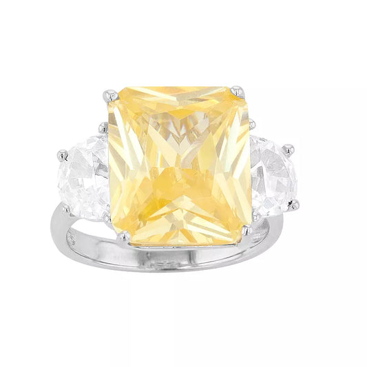 Brilliante Sterling Silver Simulated Canary & White Diamond Cushion-Cut Cocktail Ring