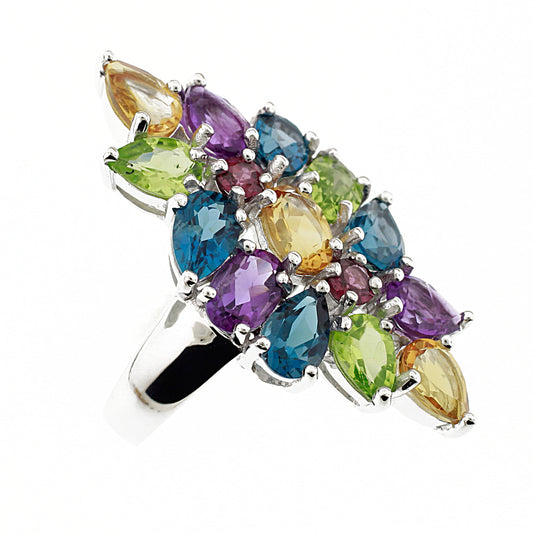 Belle Artique Sterling Silver Multi-Gemstone Elongated North-South Waterfall Ring