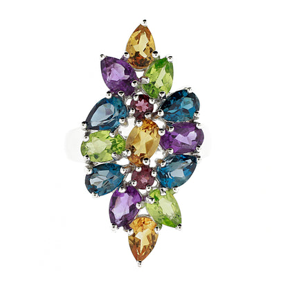 Belle Artique Sterling Silver Multi-Gemstone Elongated North-South Waterfall Ring