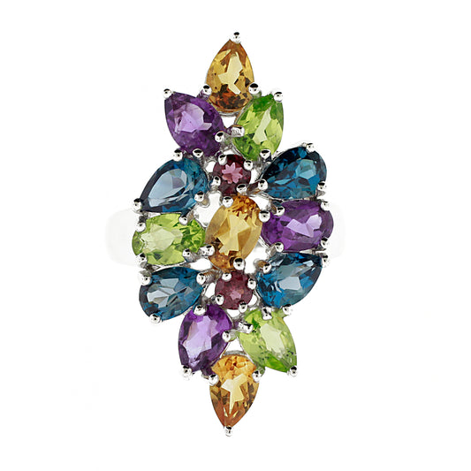 Belle Artique Sterling Silver Multi-Gemstone Elongated North-South Waterfall Ring