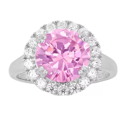 Brilliante Sterling Silver 10mm Round Pink Simulated Diamond Halo Ring