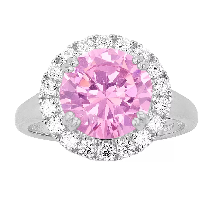 Brilliante Sterling Silver 10mm Round Pink Simulated Diamond Halo Ring