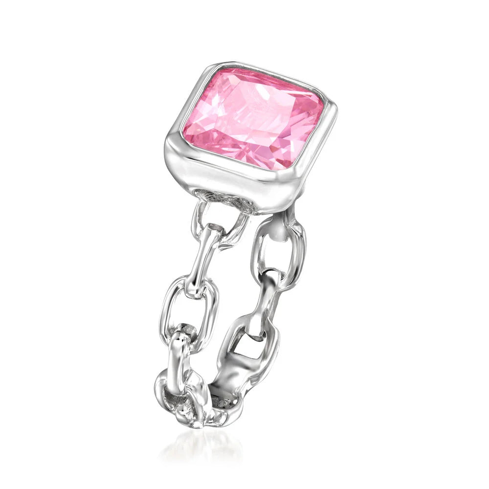 Brilliante Sterling Silver 10x8mm Octagon Pink Simulated Diamond Paperclip Ring