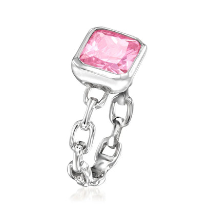 Brilliante Sterling Silver 10x8mm Octagon Pink Simulated Diamond Paperclip Ring