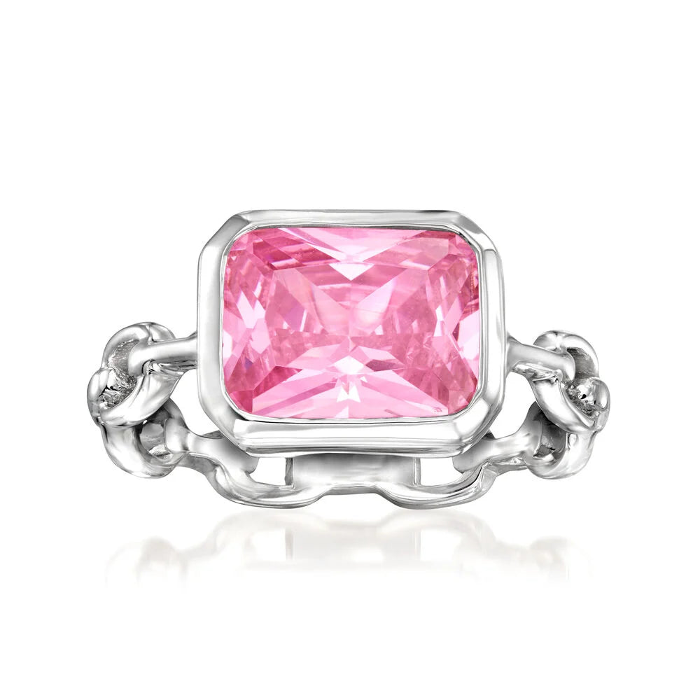 Brilliante Sterling Silver 10x8mm Octagon Pink Simulated Diamond Paperclip Ring