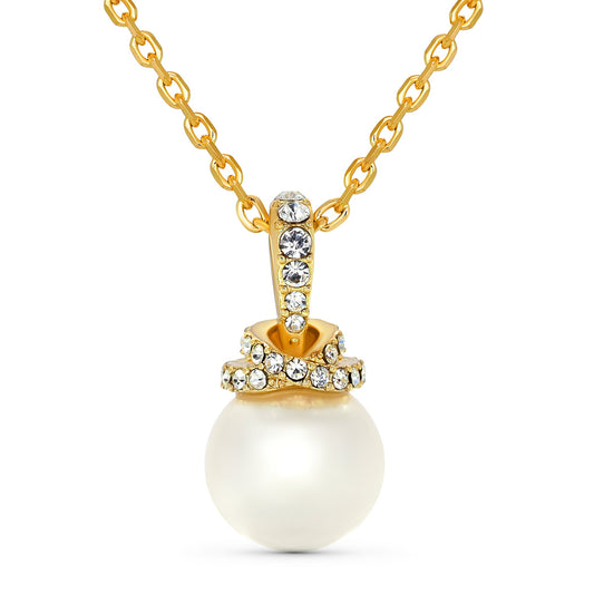 TRYNDI 18K Gold Plated "Radiant" 10mm Pearl Swarovski Crystal Necklace
