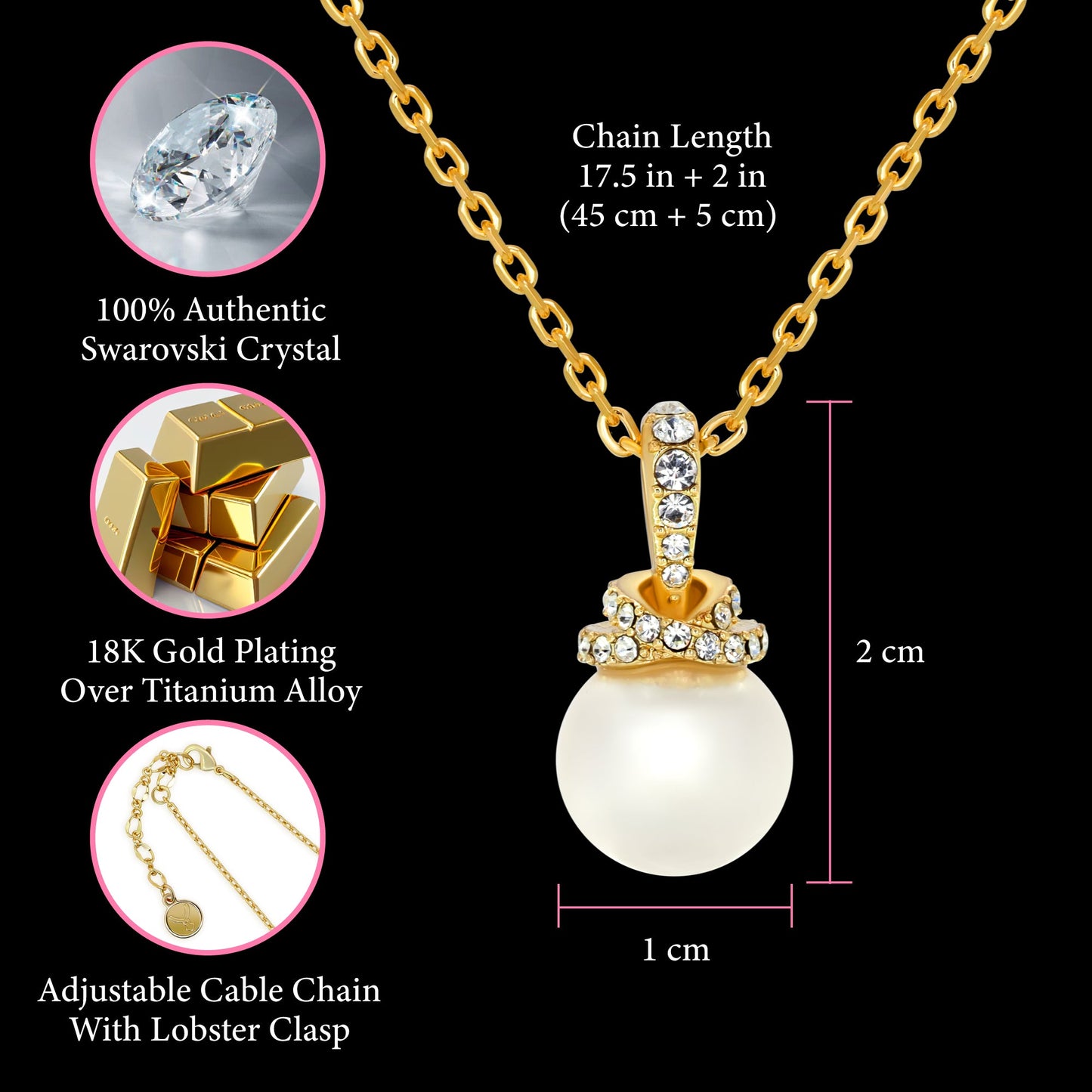 TRYNDI 18K Gold Plated "Radiant" 10mm Pearl Swarovski Crystal Necklace