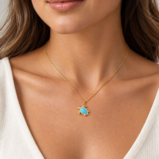 Luxury by Leonardo 14K Gold Turquoise & Diamond Turtle Pendant with Chain