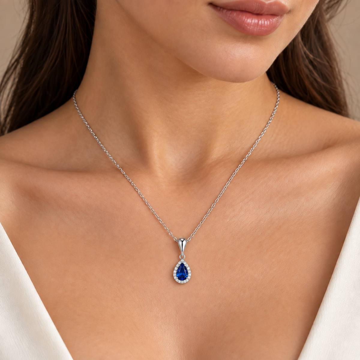 Luxury by Leonardo 14K Gold Pear-Shaped Blue Sapphire & Diamond Halo Pendant with Chain