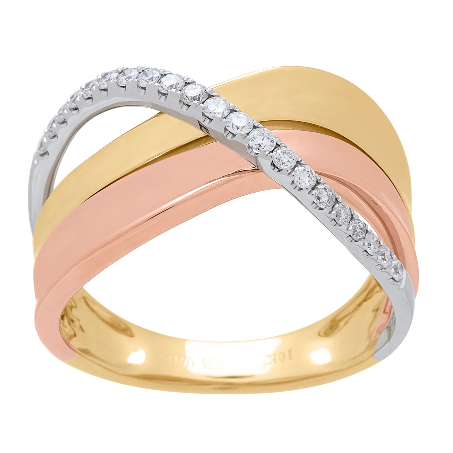 Beverly Hills Elegance 14K Gold 0.21ctw Diamond Tri-Color Crossover Ring