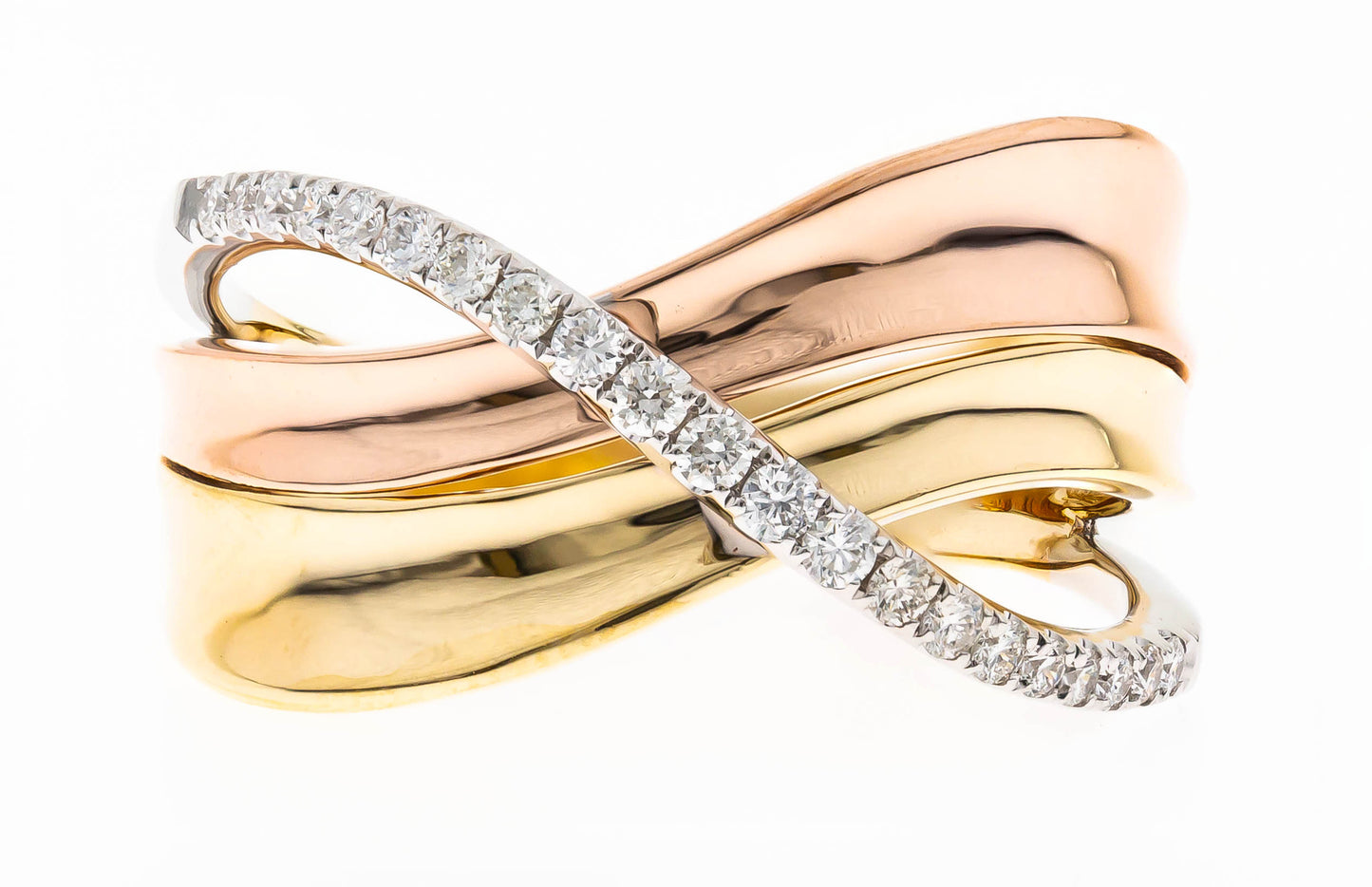 Beverly Hills Elegance 14K Gold 0.21ctw Diamond Tri-Color Crossover Ring