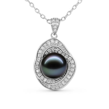TRYNDI Rhodium Plated 11-12mm Tahitian Black Pearl Swarovski Crystal Circle Necklace