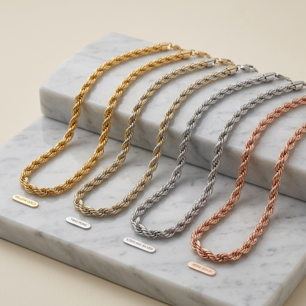 Three braided necklaces in gold, silver, and rose gold on a marble surface.
