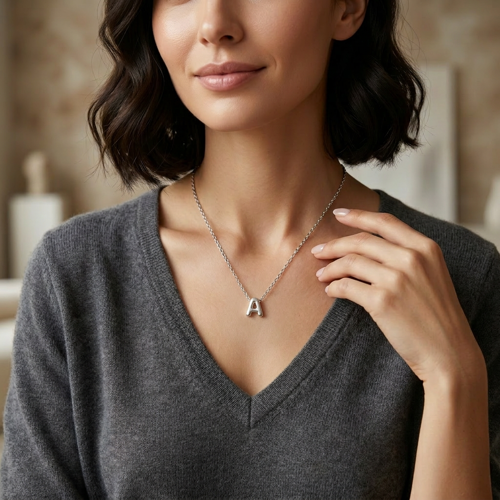 Woman wearing a necklace with a letter 'A' pendant in a blurred indoor setting