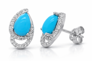 Sterling Silver 7x5mm Pear Sleeping Beauty Turquoise & White Zircon Stud Earrings