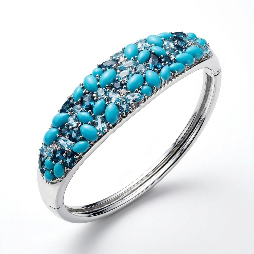 Sterling Silver Sleeping Beauty Turquoise & Colors of Blue Topaz Cluster Cuff Bracelet