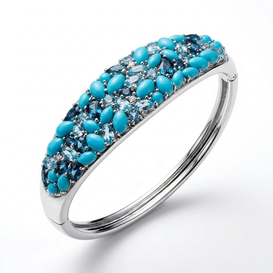 Sterling Silver Sleeping Beauty Turquoise & Colors of Blue Topaz Cluster Cuff Bracelet
