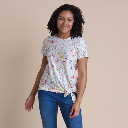 Christopher & Banks Women's Floral Print Tie Front Eyelet Knit Top