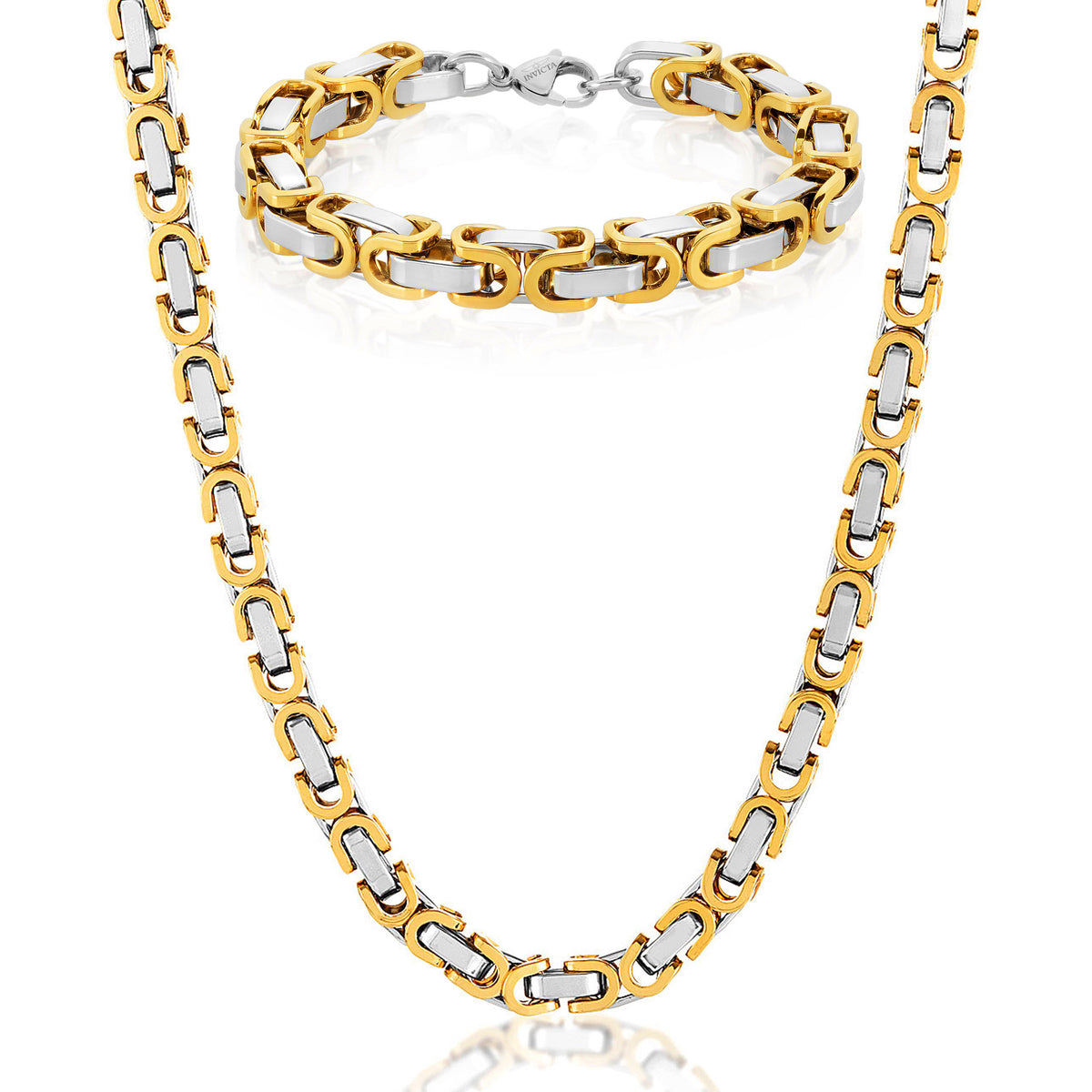 Invicta Men's Stainless Steel 8mm Byzantine Chain Necklace & Bracelet Set