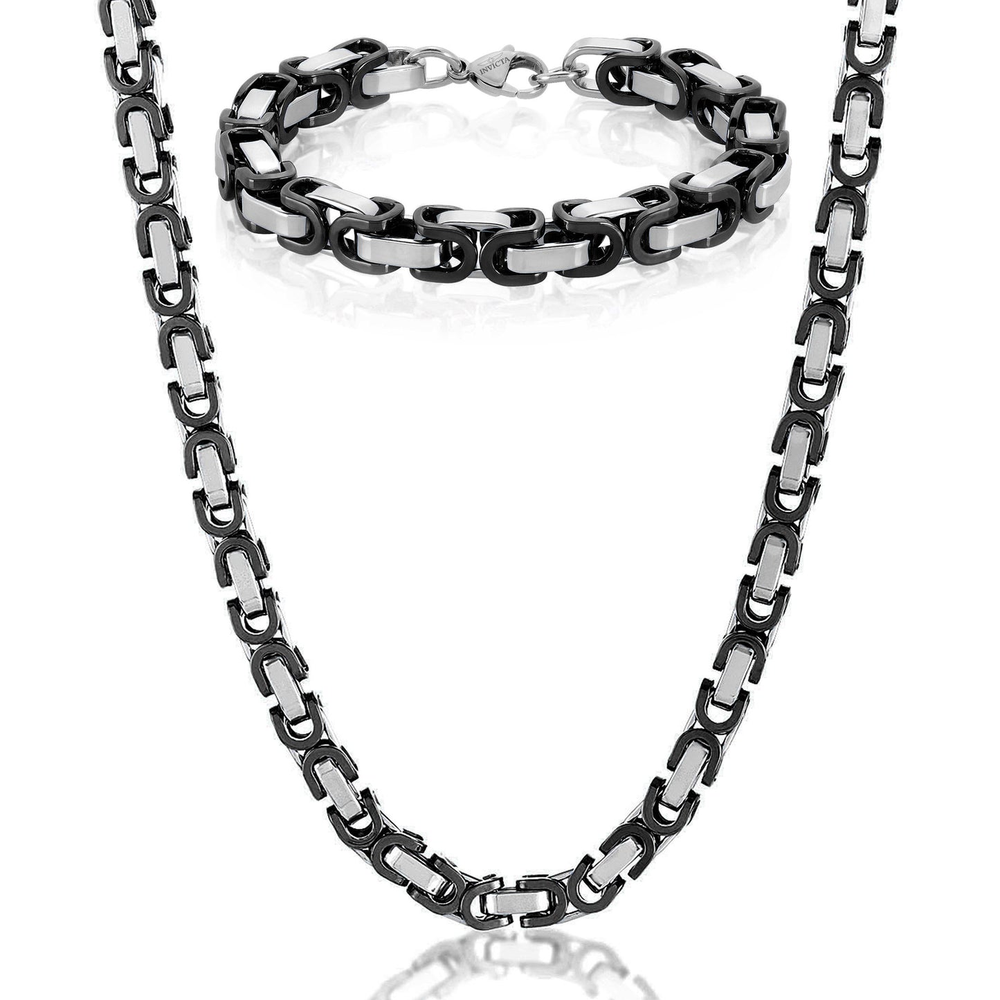 Invicta Men's Stainless Steel 8mm Byzantine Chain Necklace & Bracelet Set