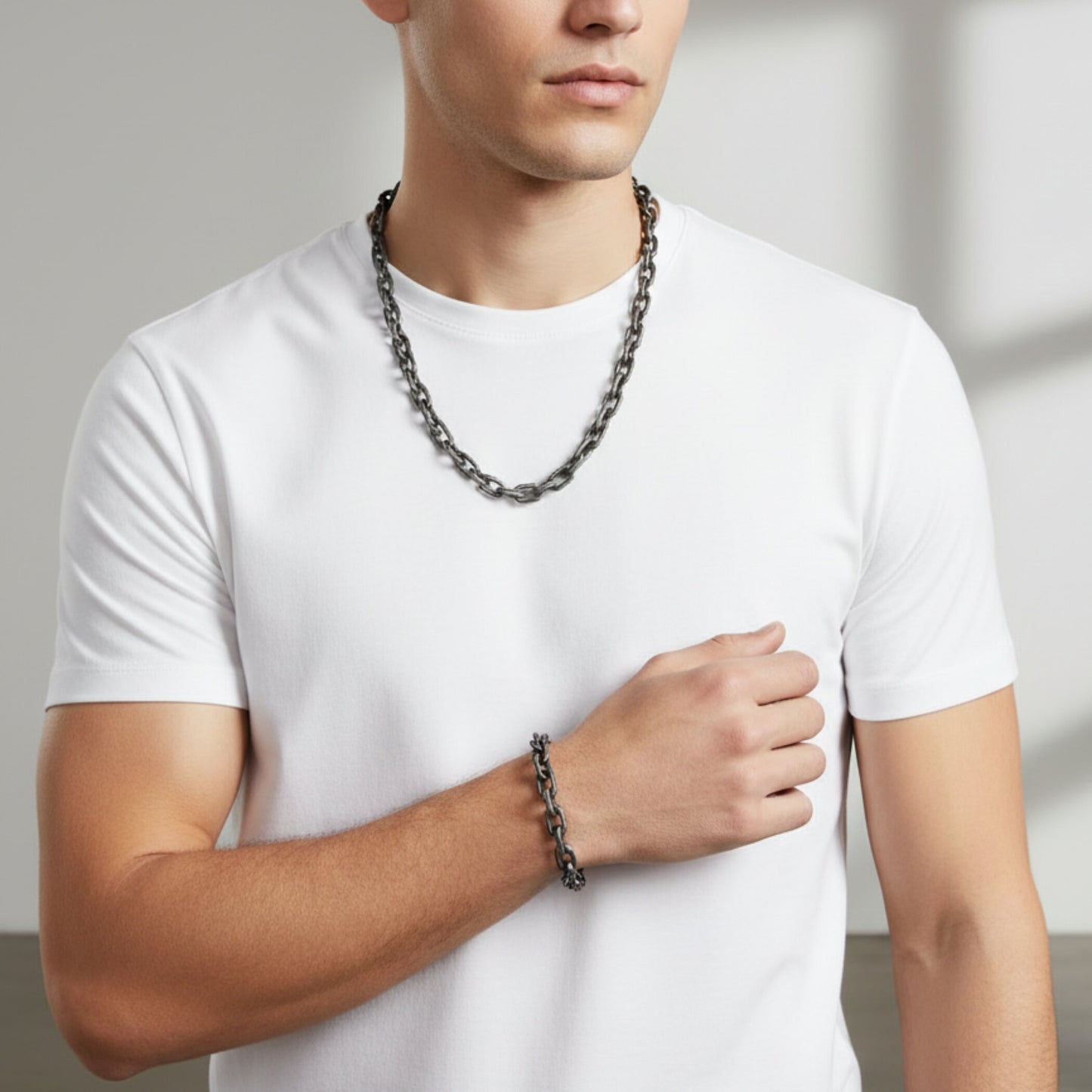 Invicta Men's Stainless Steel Matte Finish Rectangular Link Necklace & Bracelet Set