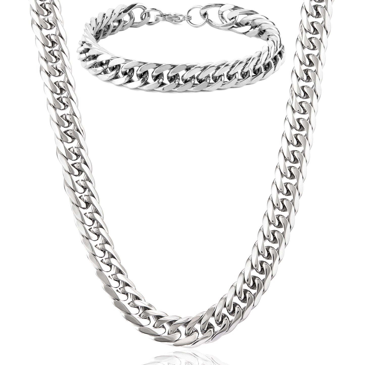 Invicta Men's Stainless Steel Polished 10mm Curb Link Chain Necklace & Bracelet Set