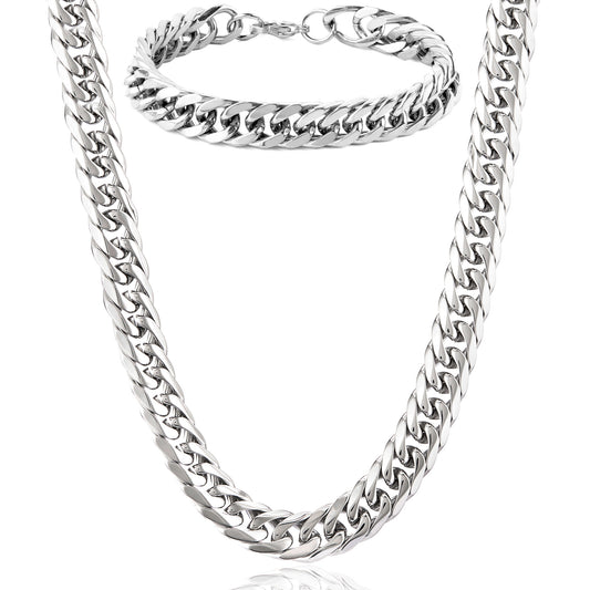 Invicta Men's Stainless Steel Polished 10mm Curb Link Chain Necklace & Bracelet Set