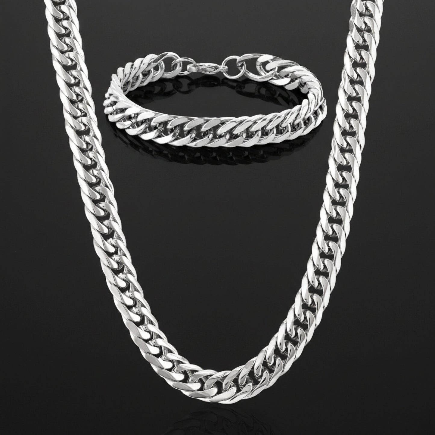 Invicta Men's Stainless Steel Polished 10mm Curb Link Chain Necklace & Bracelet Set