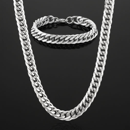 Invicta Men's Stainless Steel Polished 10mm Curb Link Chain Necklace & Bracelet Set