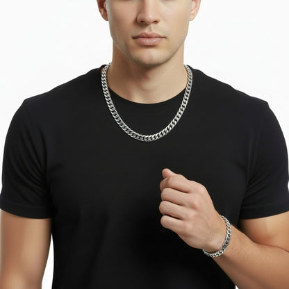Invicta Men's Stainless Steel Polished 10mm Curb Link Chain Necklace & Bracelet Set