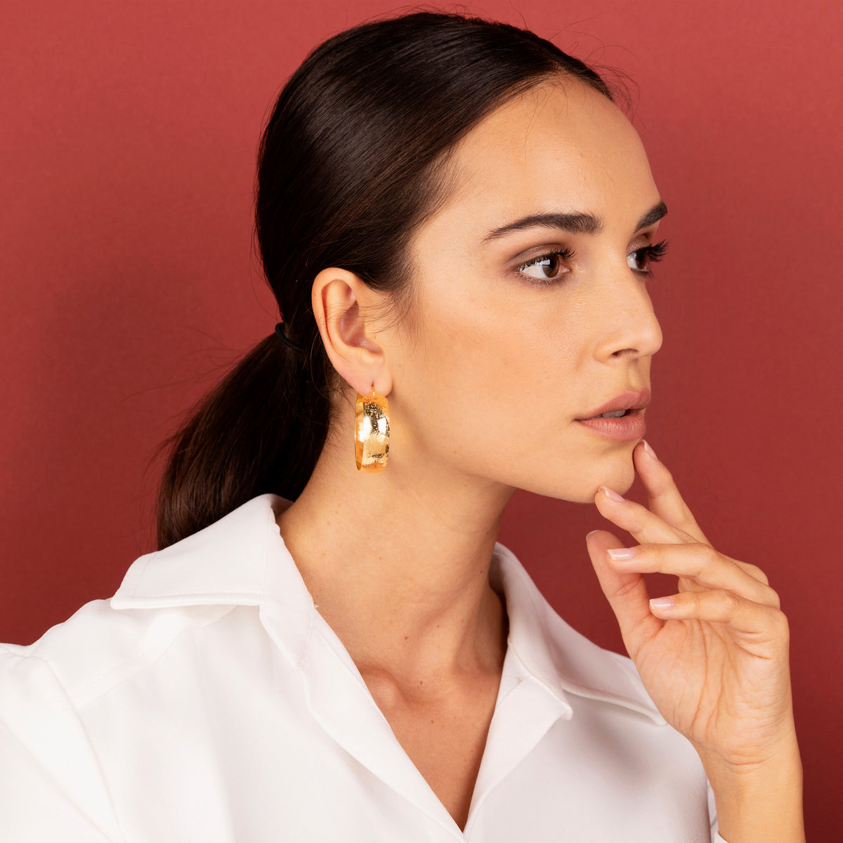 Toscana Italiana 18K Gold Plated Hammered Sparkle Domed Hoop Earrings