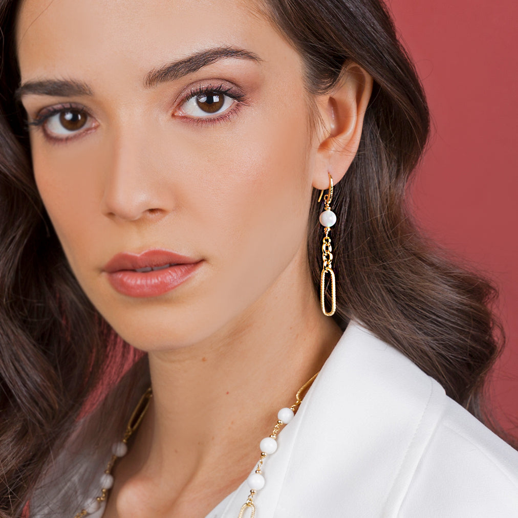 Toscana Italiana 18K Gold Plated White Agate & Oval Link Dangle Earrings