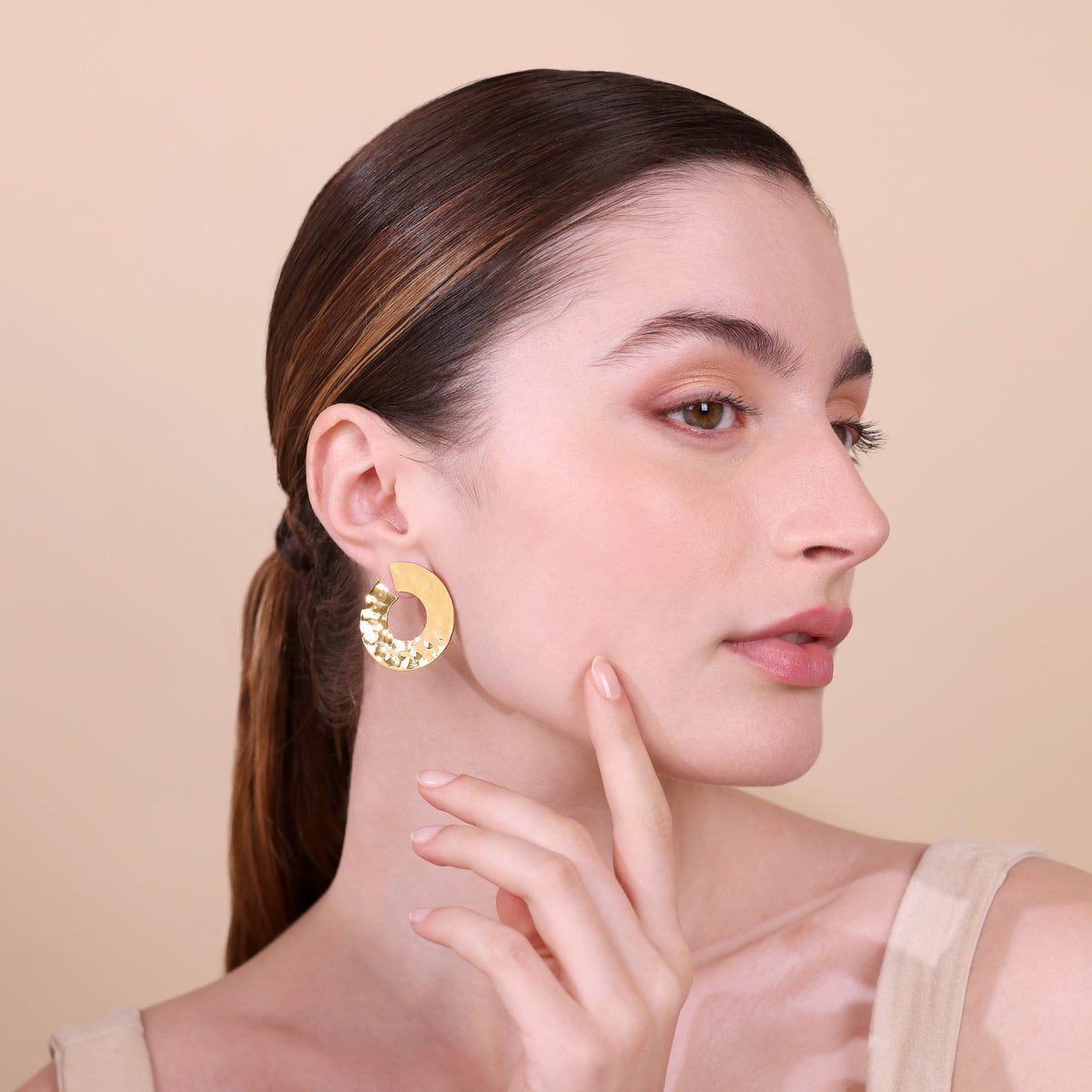 Toscana Italiana 18K Gold Plated Hammered Forward Facing Hoop Earrings