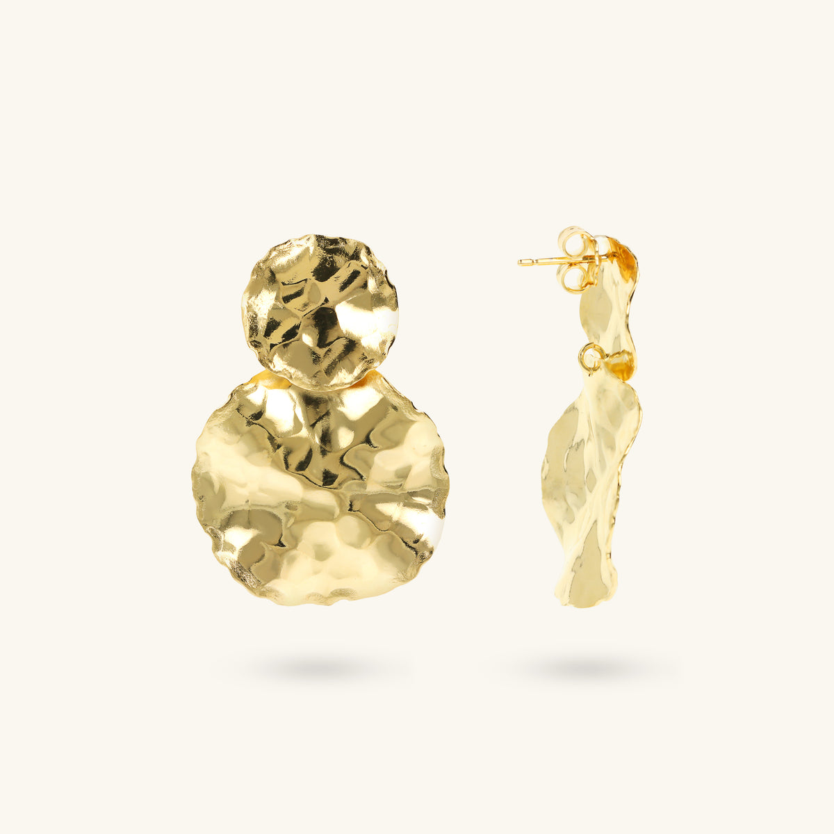 Toscana Italiana 18K Gold Plated Hammered Double Disc Graduated Drop Earrings