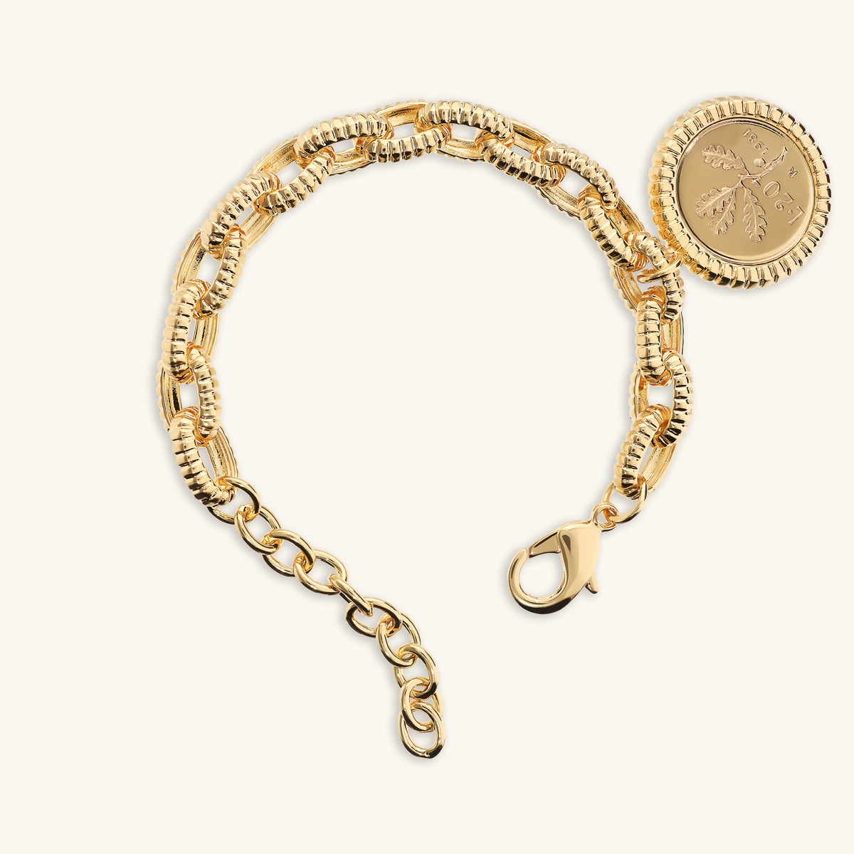 Toscana Italiana 18K Gold Plated Textured Oval Link Genuine Lira Coin Charm Bracelet