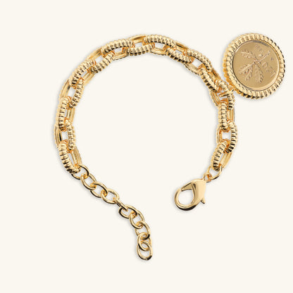 Toscana Italiana 18K Gold Plated Textured Oval Link Genuine Lira Coin Charm Bracelet