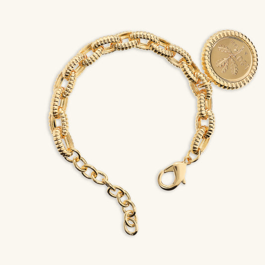 Toscana Italiana 18K Gold Plated Textured Oval Link Genuine Lira Coin Charm Bracelet