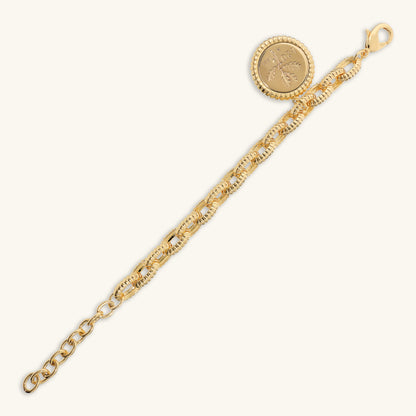 Toscana Italiana 18K Gold Plated Textured Oval Link Genuine Lira Coin Charm Bracelet