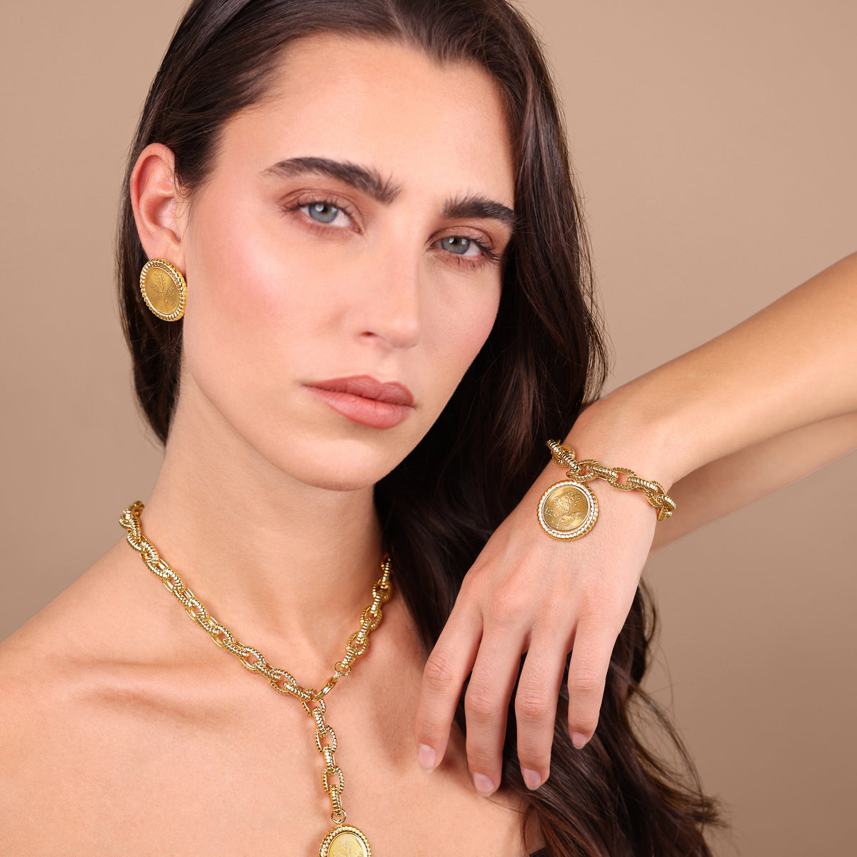 Toscana Italiana 18K Gold Plated Textured Oval Link Genuine Lira Coin Charm Bracelet