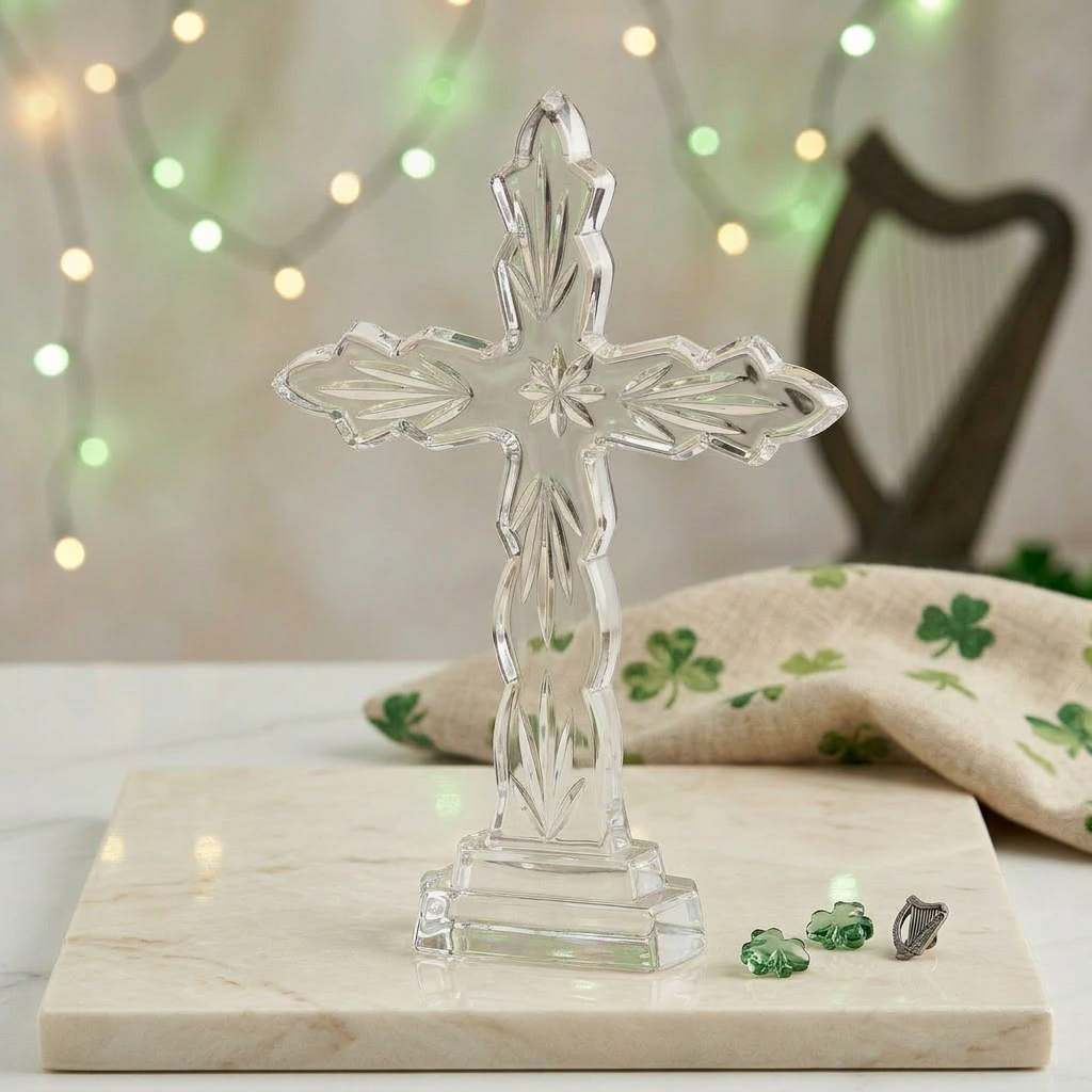 Crystal cross on a marble surface with festive lights and a harp in the background